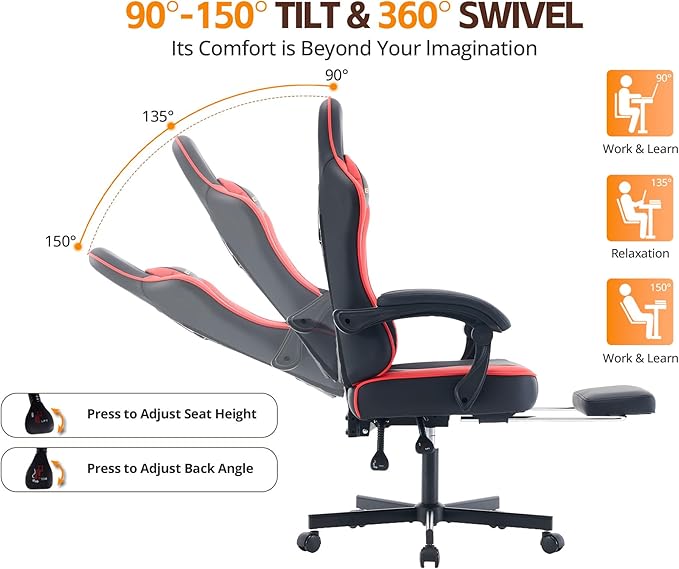 Office Chair Breathable Leather with Pocket Spring Cushion Wide and High Ergonomic Computer Gaming Chair with Headrest and Footrest for Adult and Teen Black and Red
