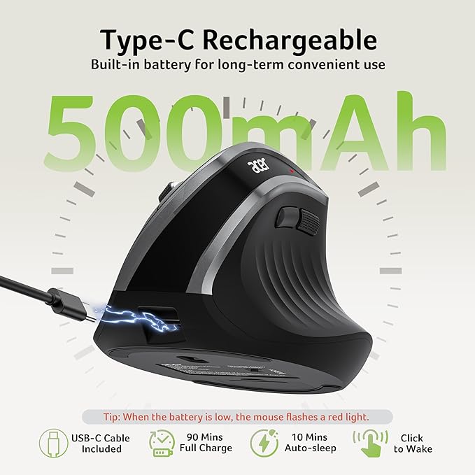 acer Ergonomic Mouse Wireless Vertical Computer Mouse for Office Ergo Mice Rechargeable for Medium to Large Sized Hands 2.4GHz USB Receiver 800/1200/1600 DPI 6 Buttons for Laptop PC and Desktop