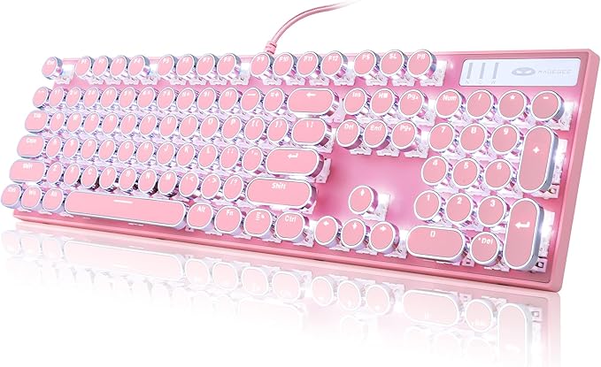 Camiysn Typewriter Style Mechanical Gaming Keyboard Pink Retro Punk Gaming Keyboard with White Backlit 104 Keys Blue Switch Wired Cute Keyboards Round Keycaps for Windows/Mac/PC