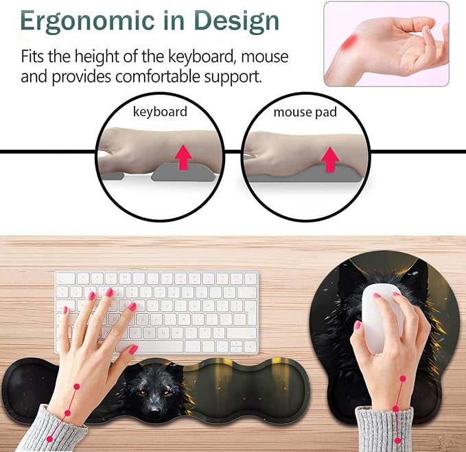 Keyboard Wrist Support + Wrist Mousepad + Coaster Combination Non-Slip PU Base with Gel Memory Mousepad Suitable for Gaming Office Pain Relief Mousepad Set - Black Wolf