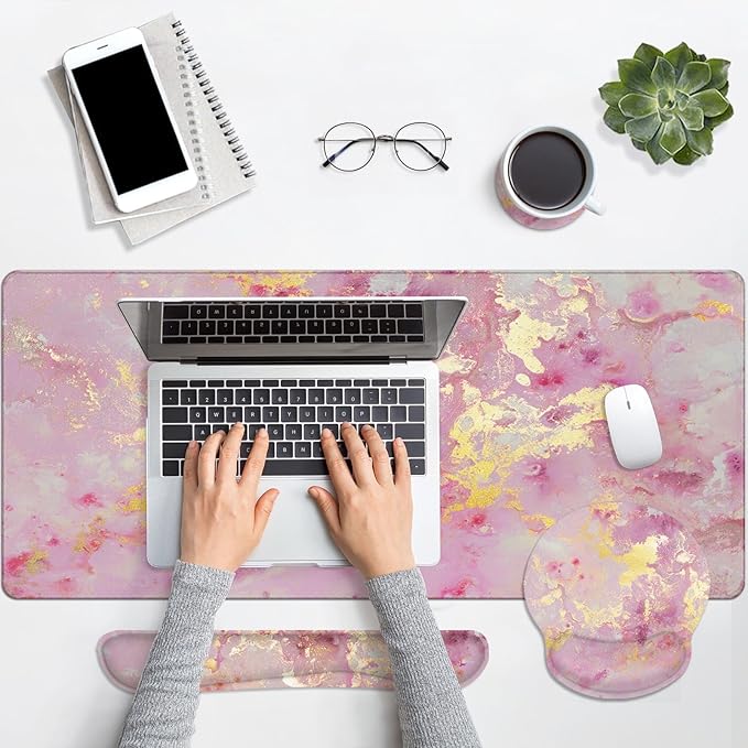 Britimes Pink Gold Liquid Marbling Keyboard Mouse Pad Set 4in1 Large Mousepad+Keyboard Wrist Rest+Mouse Wrist Rest+Coaster Set with Ergonomic Design for Home Office Computer 35.4x15.7 inches