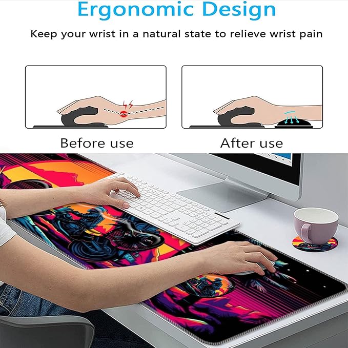 Keyboard Mouse Pad SetLarge Mouse Pad+Keyboard Wrist Rest+Wrist Support+Coaster31.5x11.8in Extended Desk Mat for Computer Laptop Office Home-Vintage Motorcycle Boy
