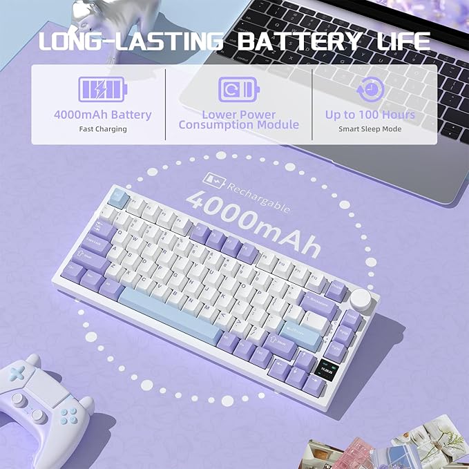 Attack Shark ajazz AK820 Pro Wireless Mechanical Gaming Keyboard TFT Display &ampKnob Hot Swappable Bluetooth 5.1/2.4G hz/Type-C Gasket-Mounted RGB Backlit Custom Keyboard for PC/Win(Purple/Gift Swit