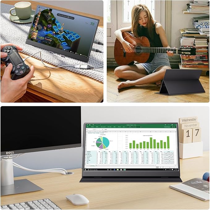 15.6 Inch Portable Monitor 1080P FHD IPS Gaming Display Monitor with USB-C &amp HDMI Light Weight Ultra-Slim External Second Screen with Smart Cover &amp Speakers for LaptopPC Mac Phone PS5 Swi