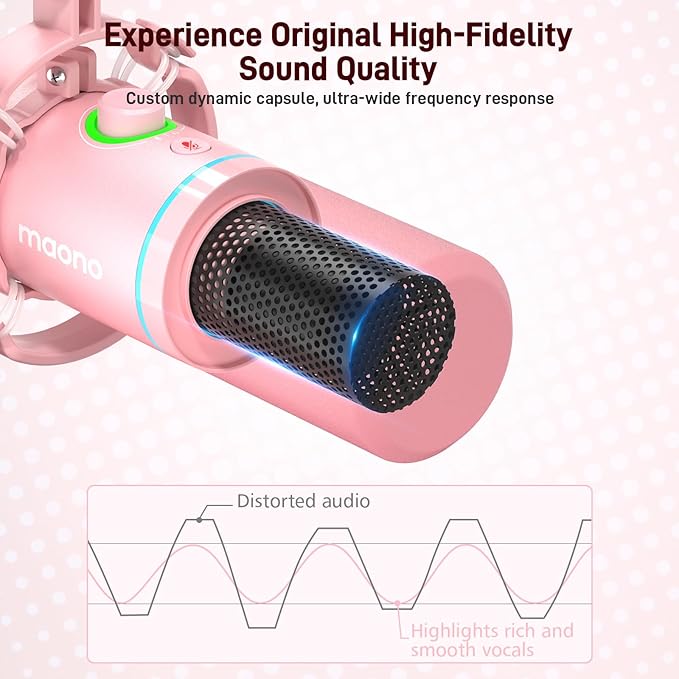 MAONO XLR/USB Dynamic Microphone Kit RGB Gaming Mic with Software Mute Gain Knob Volume Control Boom Arm for Streaming Podcasting Voice-Over Recording-PD200XS Pink