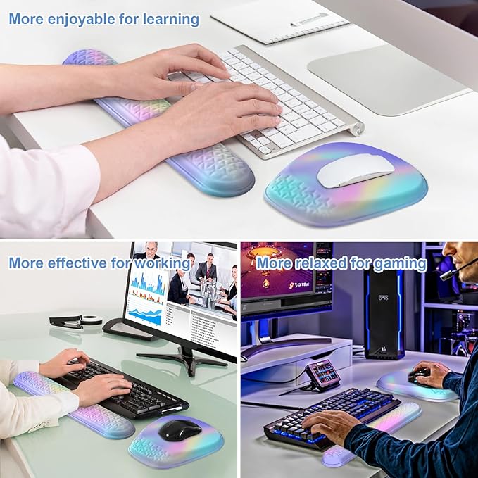 Mouse Pad with Wrist Rest Comfortable Memory Foam Wrist Rest for Computer Keyboard Ergonomic Mouse Pad Set for Easy Typing &amp Pain Relief - Gradient Blue Pink