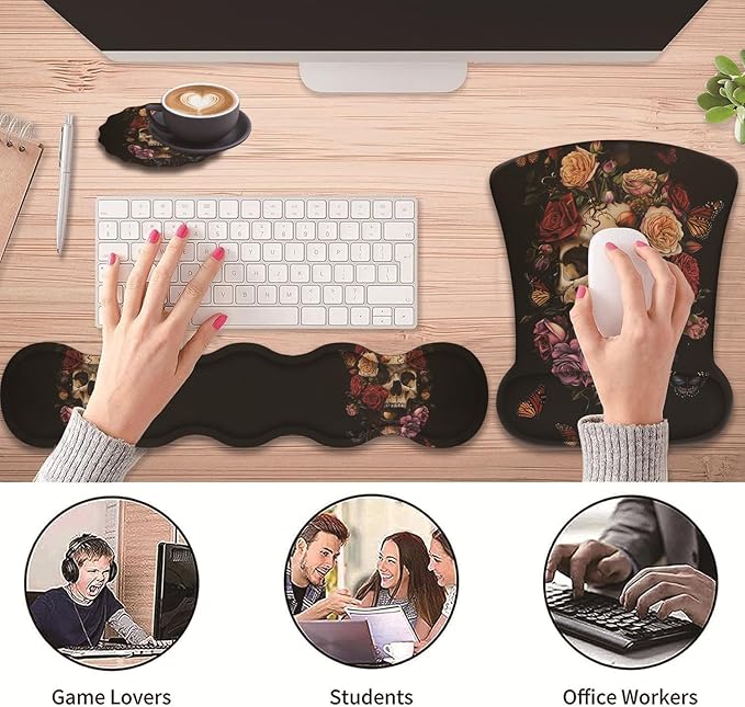 3 in 1 Keyboard Wrist Rest + Mouse Pad and Coaster Ergonomic Gel Mouse Pad and Keyboard Pad Set Comfortable Lightweight for Easy Typing Pain Relie Butterflies Roses and Skull