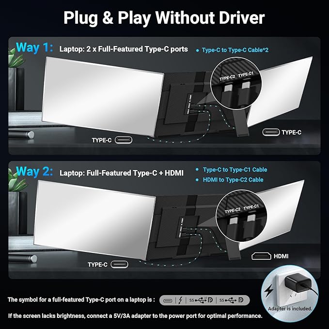15.6 Laptop Screen Extender 1080P FHD Triple Portable Monitor for Laptops Ultra-Slim Travel Dual Monitor Fit for 13-17.3 Laptops USB-C Plug&ampPlay Extended Screen Compatible with Win/Mac/Androi