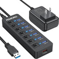 Powered USB Hub 3.0 5Gbps Data Transfer 7 Ports and 12W Charging-only 1 Port with 5V/3A Power Adapter 4Ft Long Cable &amp Individual Switches for Laptop PC Flash Drive External SSD HDD Keyboard Mous