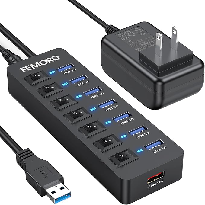 Powered USB Hub 3.0 5Gbps Data Transfer 7 Ports and 12W Charging-only 1 Port with 5V/3A Power Adapter 4Ft Long Cable &amp Individual Switches for Laptop PC Flash Drive External SSD HDD Keyboard Mous