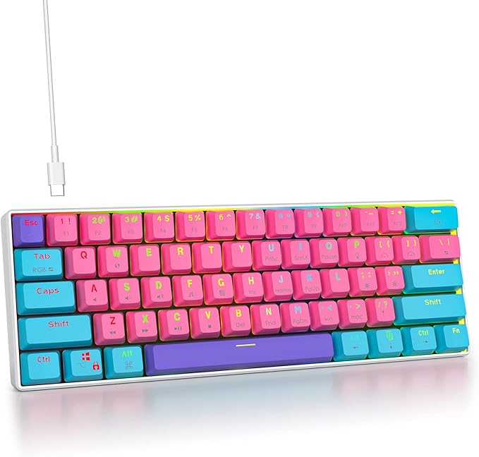Fogruaden 60% Mechanical Keyboard 61 Keys Gaming Keyboard RGB Backlit Ultra-Compact 60 Percent Wired Keyboard for Win/Mac PC Gamer Easy to Carry on Trip (Pink Red Switch)
