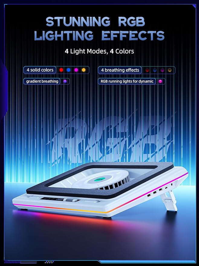 llano RGB Laptop Cooling Pad White Powerful Turbofan Quiet Cooling Touch Control LCD Screen Seal Foam 15-19in Laptops