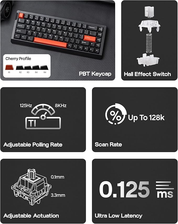 EPOMAKER HE68 Lite Hall Effect Gaming Keyboard 8k Polling &amp 128K Scan Rate 0.005mm Adjustable Trigger 0.125ms Latency 5-Layer Sound-Dampened Snap Key SOCD A-RGB Wired Mac Software (Black