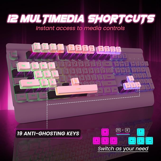 Pink Creamy Keyboard 104 Keys All-Metal Panel Rainbow LED Backlit Silent Gaming Keyboard Wrist Rest PBT Keycap Anti-ghosting Keys Light Up USB Wired Computer Keyboard for PC