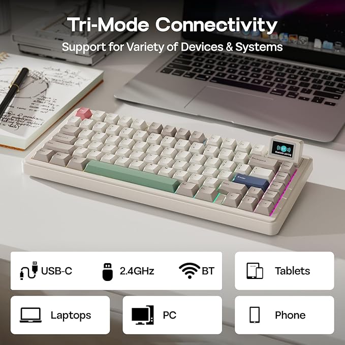 EPOMAKER RT82 Wireless Mechanical Keyboard with Screen VIA Custom 2.4GHz/USB-C/BT5.0 RGB Backlit Gasket 5-Paddings PBT Keycaps Hot-Swap Retro Gaming Keyboard (Sea Salt Silent)
