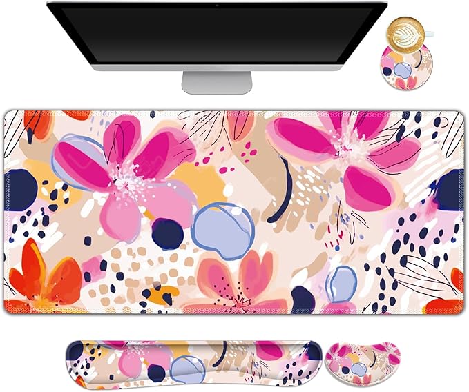 ARTSO Keyboard Wrist Rest Mouse Pad Set Extended Gaming Mouse Pad+Keyboard Wrist Support Memory Foam Ergonomic Abstract Flower Desk Pad Combo for Home Office Study Game