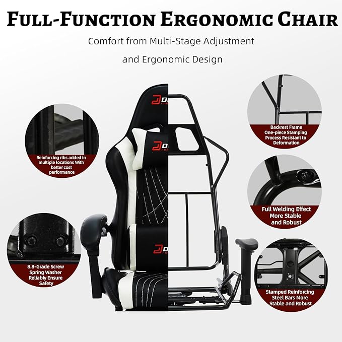 Ergonomic Gaming Chair with Footrest and Lumbar Massage Racing Office Chair High Back Computer Desk Chair with Headrest Pillow for Adults Video Game Chair for PC Gamer (1001-White)