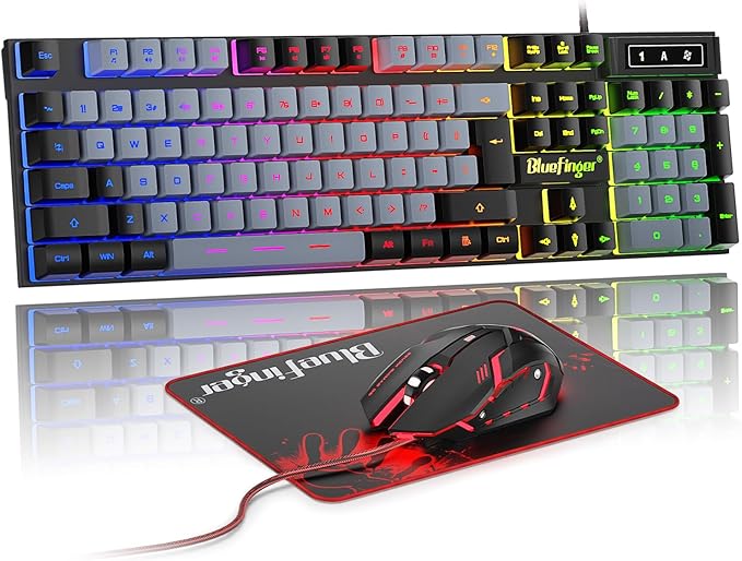 BlueFinger RGB Gaming Keyboard and Backlit Mouse Combo USB Wired LED Gaming Set for Laptop PC Computer Game and Work(Black &amp Gray)
