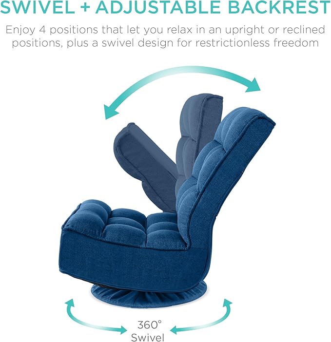 Best Choice Products Reclining Folding Floor Gaming Chair for Home Office Lounging Reading w/ 360-Degree Swivel 4 Adjustable Positions Tufted Cushions - Dark Blue