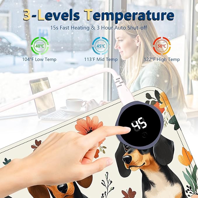 Heated Mouse Pad with 3 Temperature Settings(104°F–122°F)Large 31.5x13 Inch PU Leather Heated Desk MatWaterproof Warming Pad for OfficeGaming &amp Cold Hands ReliefDogs and Flowers
