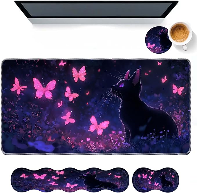 Keyboard Mouse Pad SetLarge Desk Pad+Keyboard Wrist Rest+Mouse Wrist Support+CoasterEasy Typing Pain Relief Non-Slip Wrist Support Mousepad Set Home OfficeCat and Butterflies