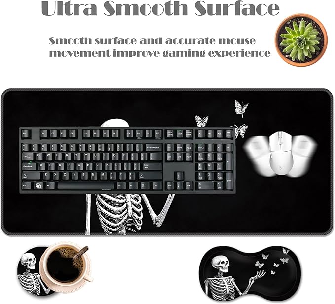 Ergonomic Keyboard Wrist Rest &amp Mouse Pad Wrist Rest SetXL Gaming Desk Mat 31.5x 11.8Non-Slip BaseMemory FoamEasy Typing Pain Relief for Office &amp HomeSkeleton Butterflies