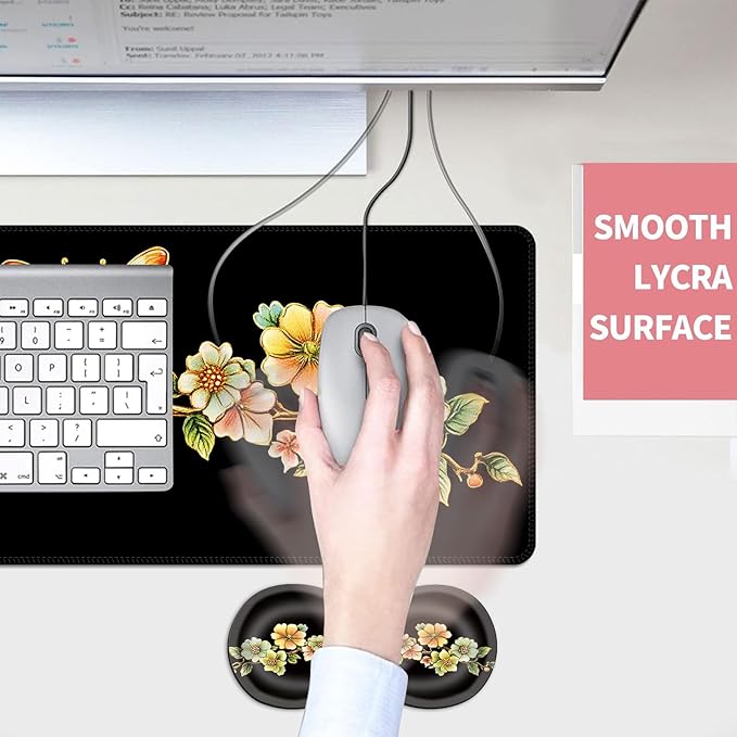 Mouse PadLarge Desk Mat Set 4in1 XL Mousepad + Keyboard Wrist Rest+Mouse Wrist Rest+Coaster with Ergonomic Desk Pad for Home Office Table Computer Cover -Vintage Floral Butterfly