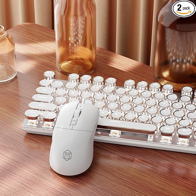 EWEADN Wired Typewriter Keyboard and Mouse Combo Typewriter Style Mechanical Gaming Keyboard104 Keys Backlit LED Keyboards Media Control Knob Wired Keyboard White Switch for Windows/Mac/PC-White