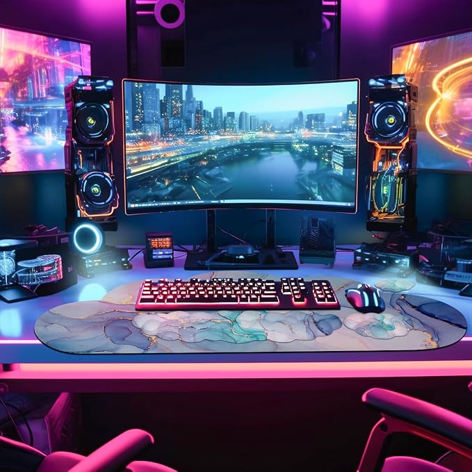 JIKIOU Large Cloud Mouse Pad Waterproof with Cloud Keyboard Wrist Pad and Cloud Mouse Wrist Pad Set Ergonomic Computer Desk Wrist Support Mousepad for Keyboard and Mouse 35.4x15.7in Marble Blue
