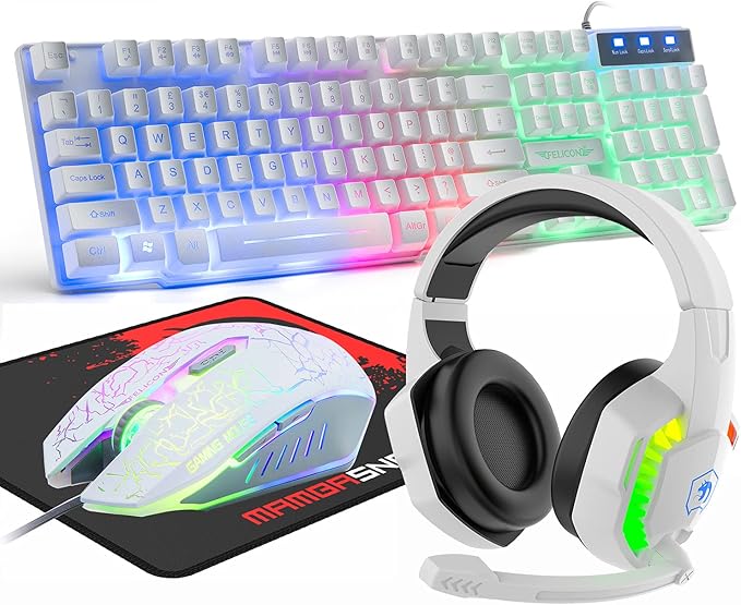 Wired Gaming Keyboard and Mouse Headset ComboRainbow LED Backlit Wired KeyboardOver Ear Headphone with MicRainbow Backlit Gaming MiceMouse Padfor PCLaptopMacPS4Xbox(White)