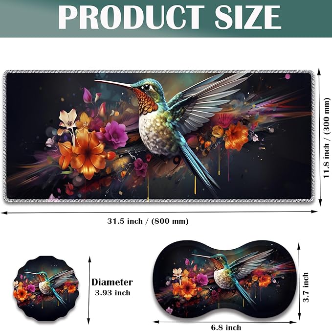 Large Game Mouse Pad + Wrist Support Pad + Coffee Coaster Desk Pad with Sewn Edges Anti-Slip Set pad Suitable for Office Work and Home - Colorful Hummingbird with Flower