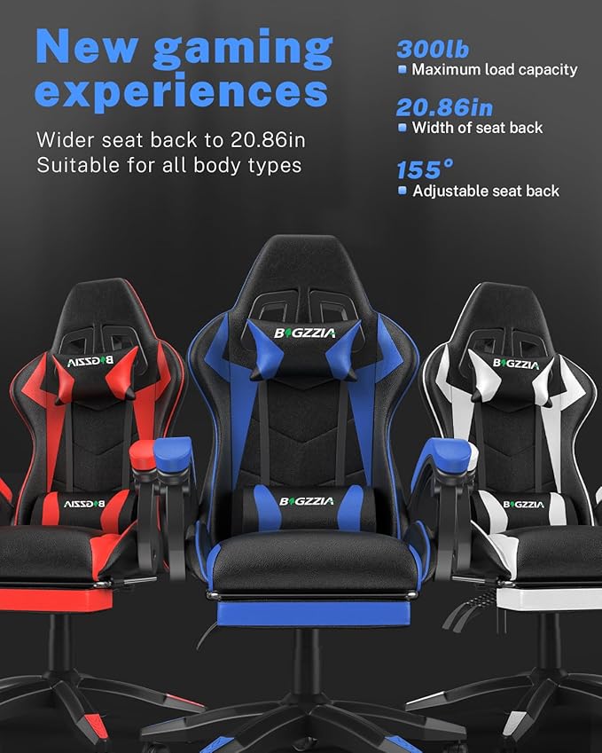 Gaming Chair with Footrest High Back Ergonomic Computer Gamer Chair with Headrest and Lumbar Support Racing Style Reclining Game Chair for Adults Kids (Blue-Black)