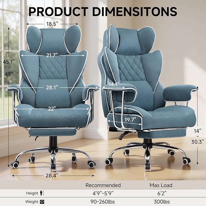 COMHOMA Big and Tall Gaming Chair with Pocket Spring Lumbar Support Ergonomic Office Chair with Footrest Executive Desk Chair with Outward Fixed Soft Armrests Computer Chair with High Back Blue