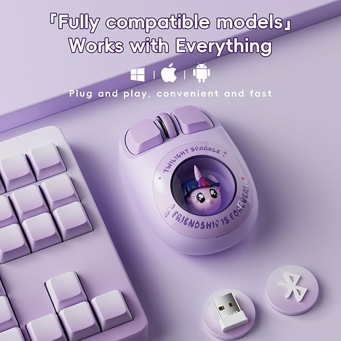 My Little Pony Wireless Mouse - Twilight Sparkle Edition 3D Character Design Silent Click Mouse with 1600 DPI Dual-Mode (2.4GHz/Bluetooth) Ergonomic for Mac/Windows