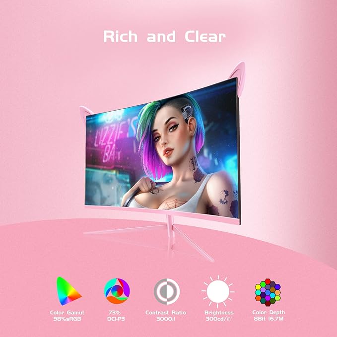 FY27QHP Pink Monitor 27 Inch Curved Gaming 165Hz - Support 144Hz 1800R 1ms QHD 2560 x 1440P VA Screen Built-in Speakers AMD Free-Sync HDMI DP USB AUX Tilt Adjustable