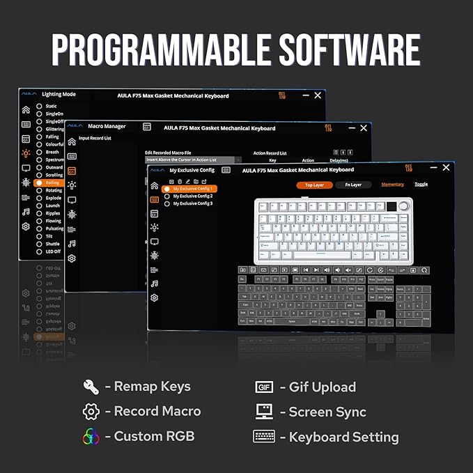 EPOMAKER X Aula F75 MAX Wireless Mechanical Keyboard with TFT Screen and Knob Gasket Gaming Keyboard in 75% Layout Hot Swappable RGB Backlight for PC/Mac/Linux (Black Gradient)