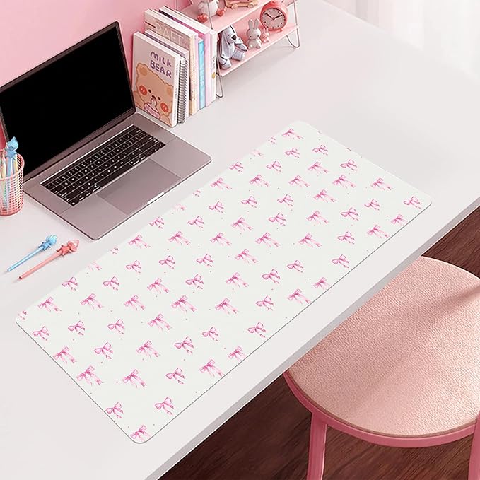 Idocolors Pink Bows Desk Mat Cute Extended Gaming Keyboard Mouse Pad Large Office Desk Cover Mat Pad Deskmat Non-Slip Leather Home Office Desk Mat Protector 27.6x13.8