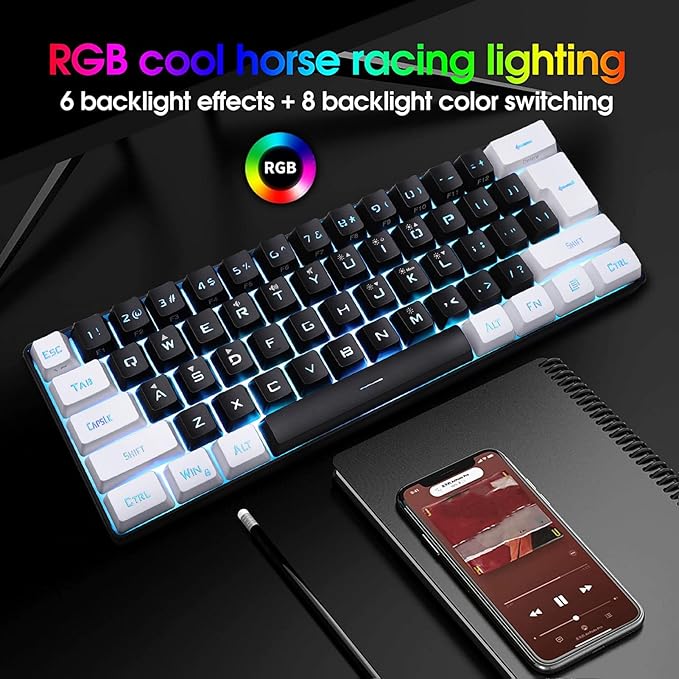 60% Wired Gaming Keyboard Mechanical Feeling Mini Gaming Keyboard RGB Backlit 61 Key Ultra Compact Keyboard Ergonomic Keyboard for Laptop PC (Black)