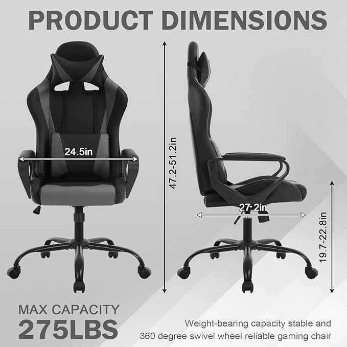 Gaming Chair Ergonomic Office Chair Desk Chair with Lumbar Support 360 Swivel &amp Rolling Computer Chair for Adults PU Leather Racing Style Supports 250lbs(Grey)