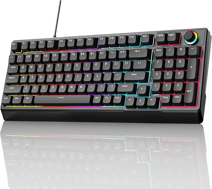 Mechanical Gaming Keyboard with Red Switches:98 Keys with Backlit Black Fine-tune audio or brightness using the dual-function knob17 Lighting ModesAnti-Ghosting Wired USB for PC Mac Gaming