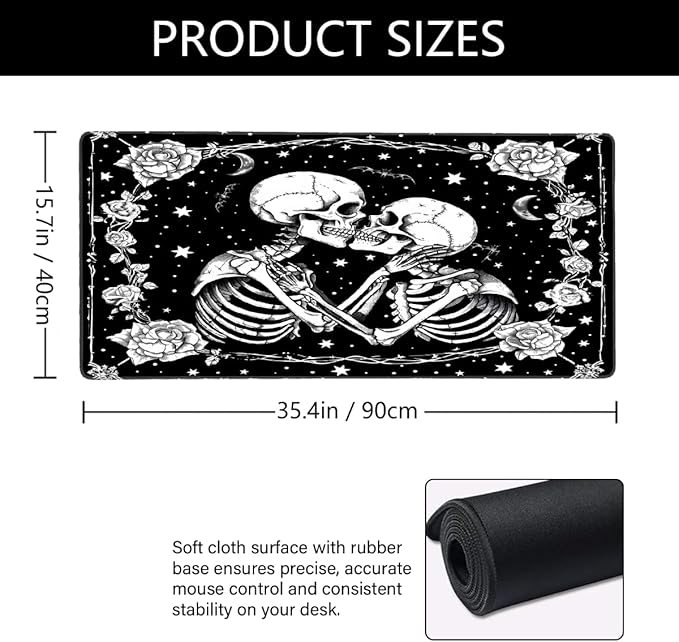 Large Black Romantic Skull Mouse Mat Computer Mousepad with Non-Slip Rubber Base Waterproof Mouse Pad Desktop Keyboard Pad for GamerHome School Laptop Office Accessories16x35.5in
