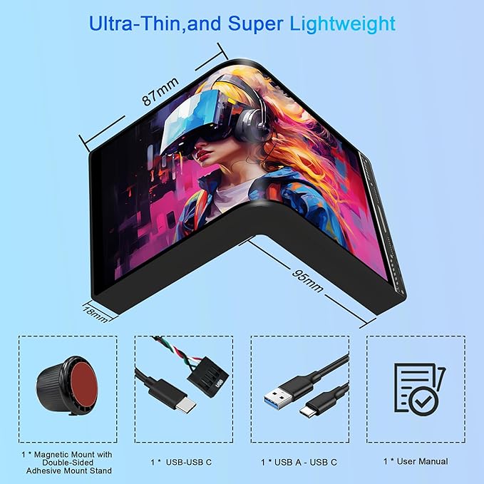 Portable Water Cooling Curved Screen Monitor 6.5 inch 2K 2560×1440 IPS with Magnic Stand External Computer Laptop OLED Monitor for PC Laptop Desktop (Black)