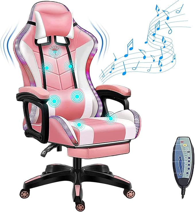 XOOFMASS Massage Gaming Chair with RGB LED Lights and Speakers Video Game Chair Swivel Reclining Racing Office Chair with Headrest &amp Lumbar Support PU Leather High Back Computer ChairPink