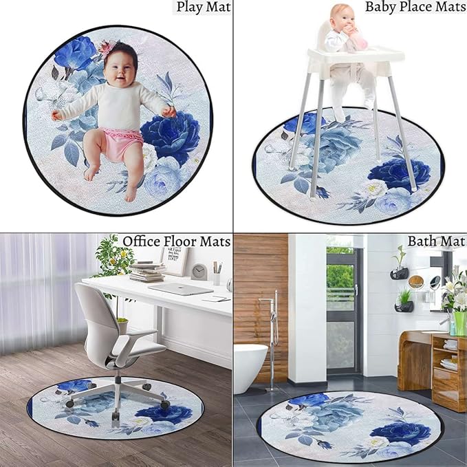 Romantic Flower Rugs Soft Non-Slip Indoor Outdoor Bedroom Home Decor Carpet Mat Yoga Mat Runner Rugs Doormat Round Rug Rustic Floral Design LavenderPale Blue Green Diameter 39.3 in