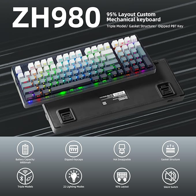 ZORNHER ZH980 Silent Mechanical Keyboard95% Black &amp White Silent Gaming Keyboard with Number PadLighted Up PBT KeycapsKeyboard Quiet Silent SwitchesHot-SwappableRGB Backlit