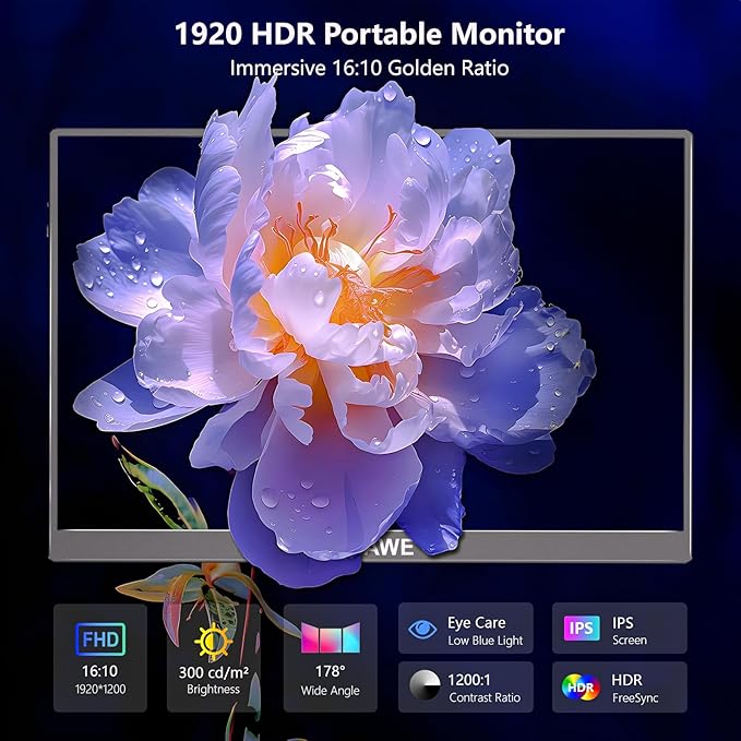 WUAWE 16 Portable Monitor for Laptop 1920x1200P Plug&ampPlay USB-C HDMI IPS HDR Freesync Gaming Monitor External Monitor for PC Mac Phone PS5 Switch(Silver)