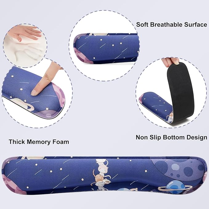 MEGREZ 4-in-1 Ergonomic Memory Foam Wrist Rest Set Desk Pad Mouse Pad with Wrist Rest Keyboard Pad Suitable for Office Workers Programmers &amp Gamers–Relieve Typing &amp Gaming Fatigue Cat Pl