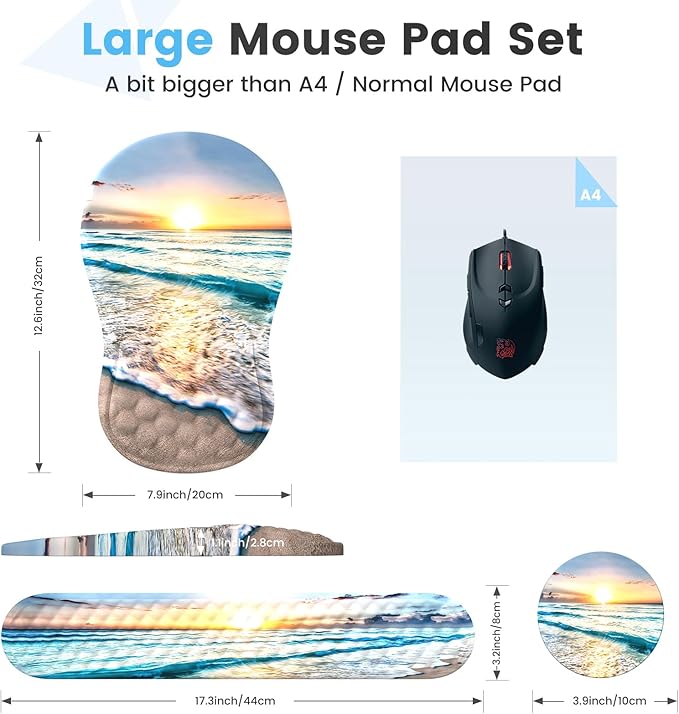 HAOCOO Ergonomic Mouse Pad with Wrist Rest and Keyboard Wrist Rest Pad Wrist Rest for Computer Keyboard and Mouse Pad Cushion Set Typing Mousepad with Wrist Support for Office Laptop Beach