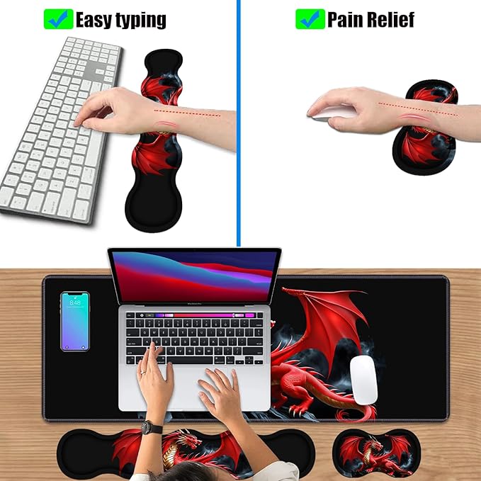 4 in 1 Ergonomic Keyboard Wrist Rest &amp Mouse Pad Wrist Rest Set Large XXL Gaming Desk Mat 31.5x 11.8 with Non-Slip Base Memory Foam for Home Office Study Gaming Red Dragon