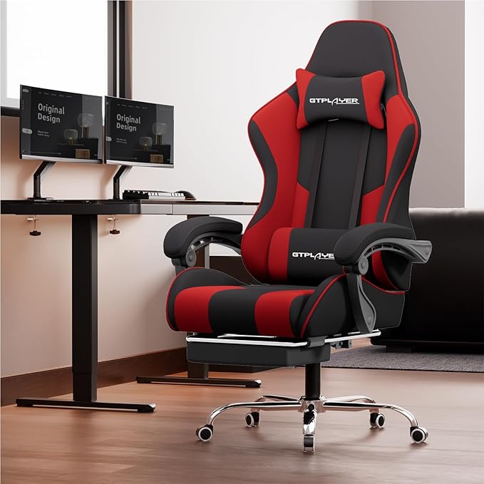 GTPLAYER Gaming Chair Computer Chair with Footrest and Lumbar Support Height Adjustable Game Chair with 360°-Swivel Seat and Headrest and for Office or Gaming (RED Fabric)